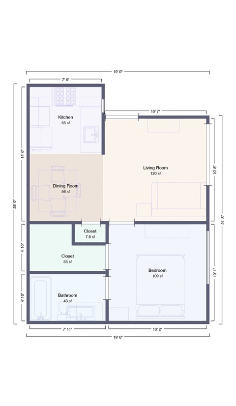 Floor plan for 1 bed, 1 bath, 460 sqft